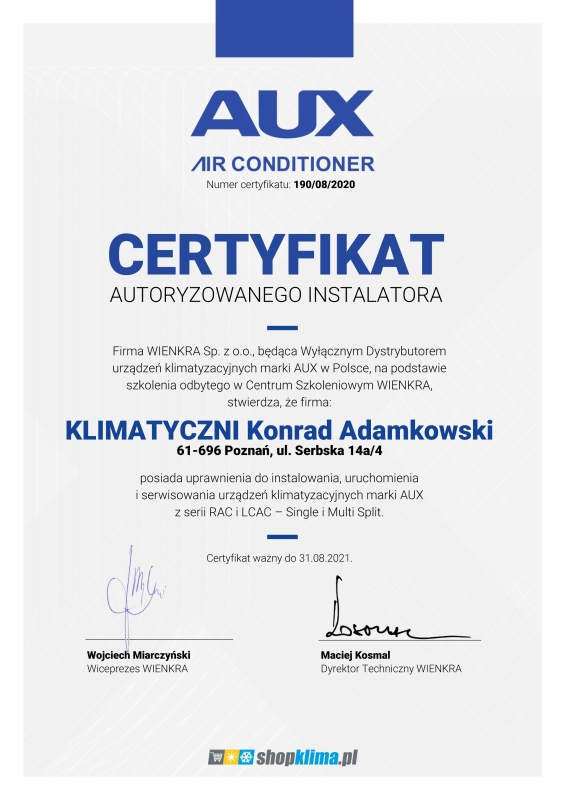 Certyfikat firmy AUX dla Klimatyczni Konrad Adamkowski