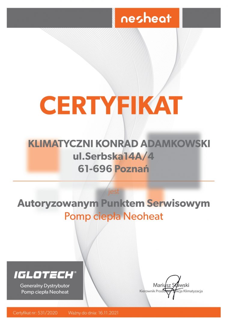 Certyfikat firmy NEOHEAT dla Klimatyczni Konrad Adamkowski