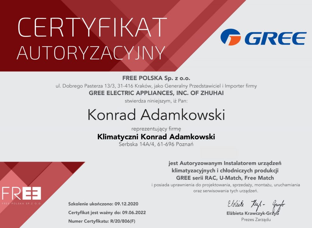 Certyfikat firmy CREEE klimatyzacje dla Klimatyczni Konrad Adamkowski