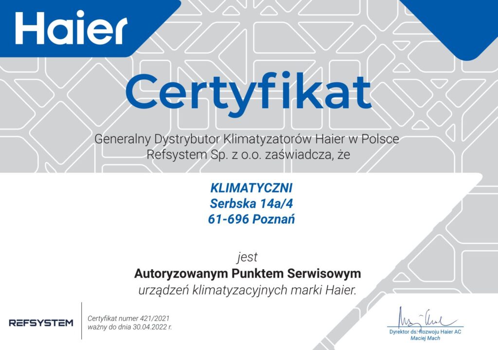Certyfikat HAIER klimatyzacje dla Klimatyczni.pl